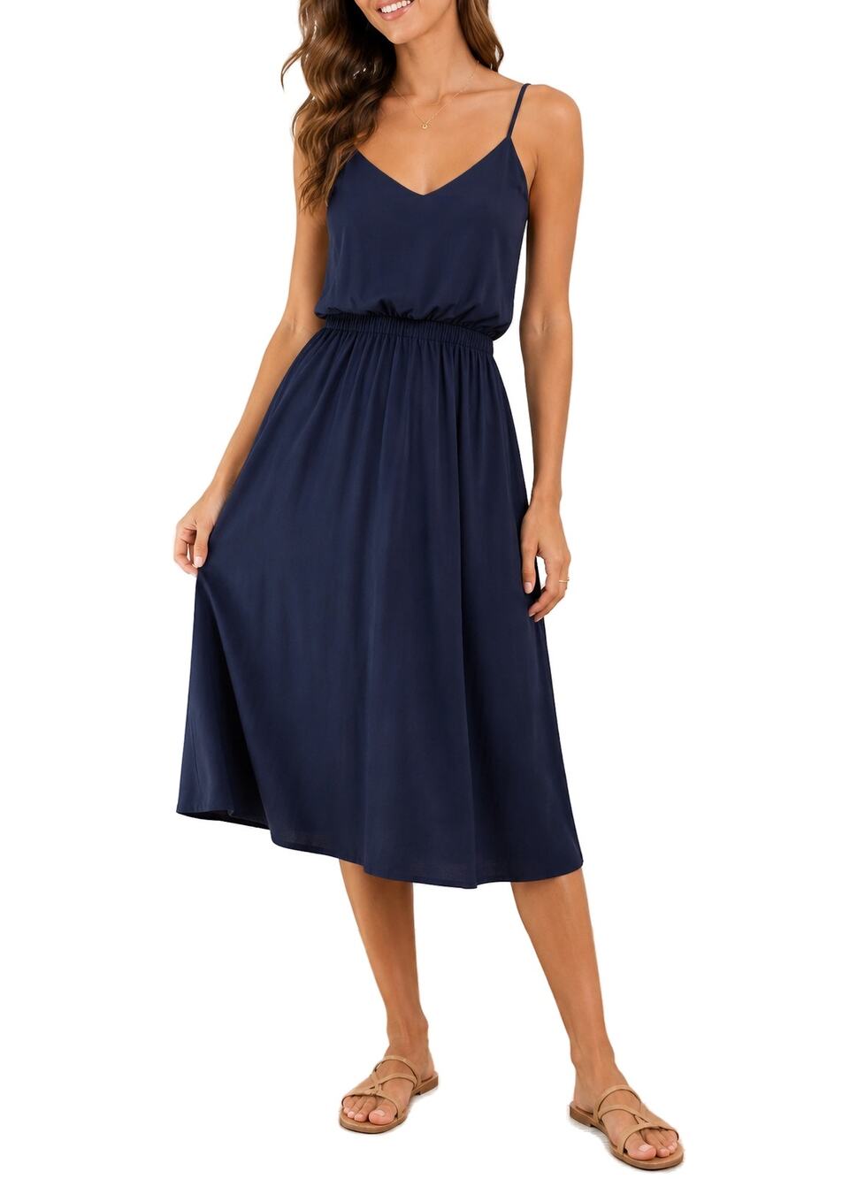 Southern Frock Navy Midi Dress L Spaghetti Strap V Neck Fit Flare Sundress